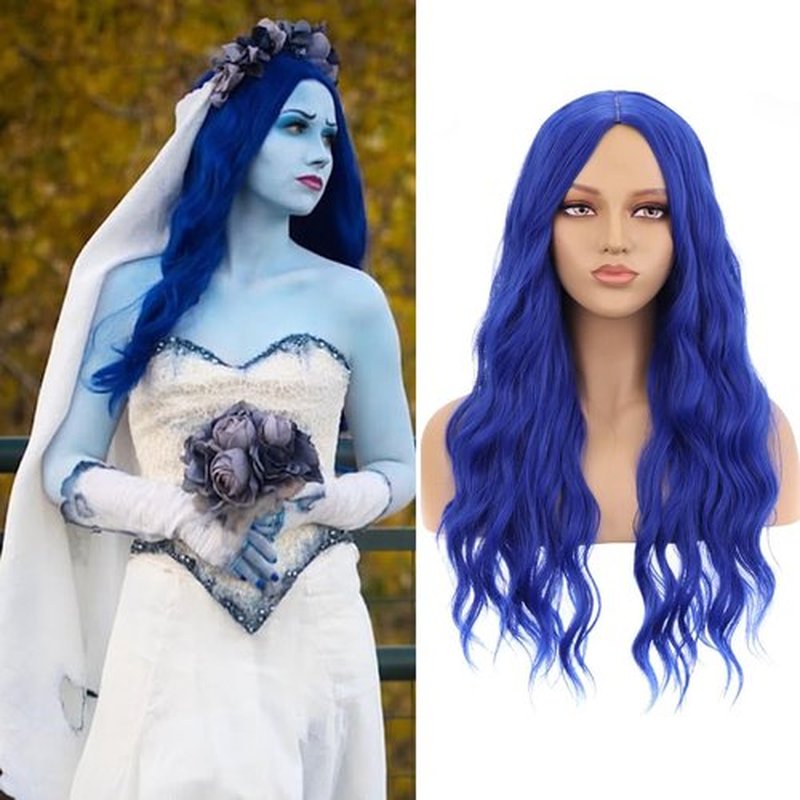 MAGQOO Dark Blue Wig Women Girls Long Curly Wavy Dark Blue Wigs Middle Part Heat Resistant Hight Density Synthetic Wigs (Dark Blue)