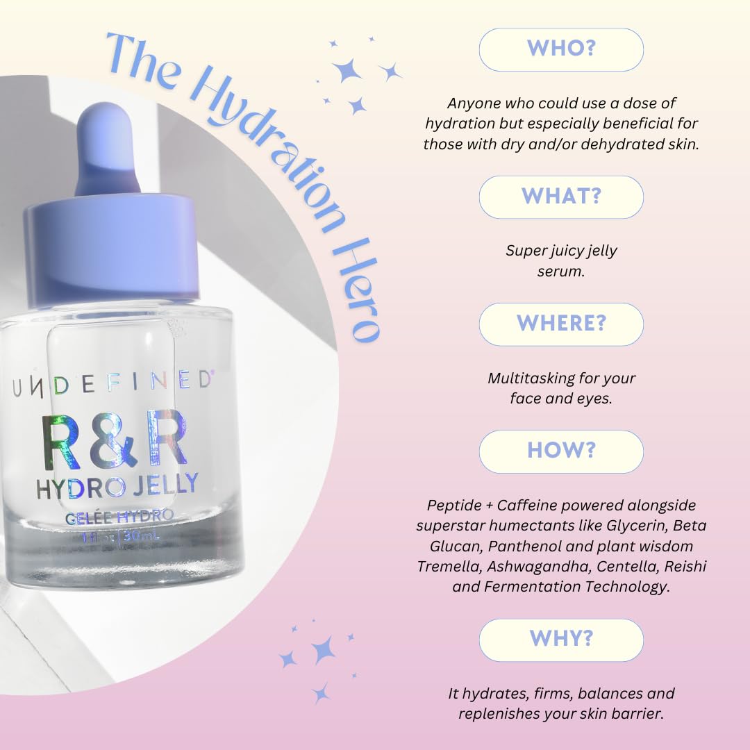Undefined R&R Hydro Jelly Hydration Serum with Peptides, Hyaluronic Acid, Caffeine to Hydrate + Plump Face and Undereye, Vegan Alternative to Snail Mucin