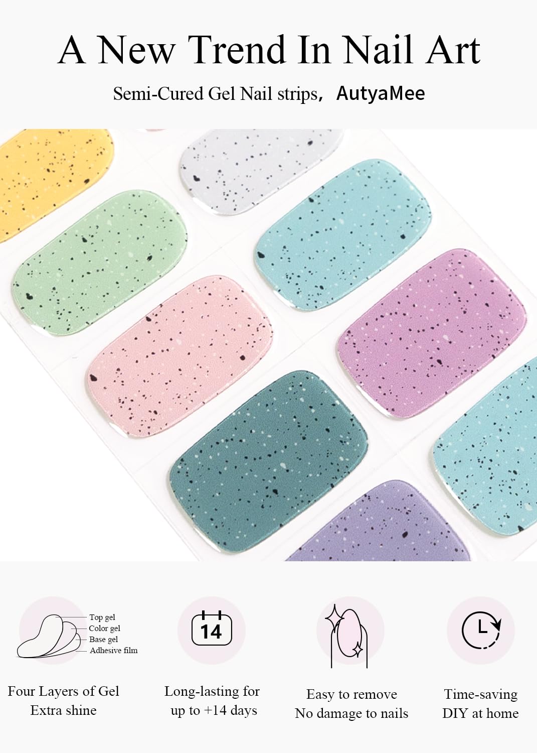 AutyaMee Semi Cured Gel Nail Strips (Colorful Stone), Spring Macaron, 20 Pcs Gel Nail Wraps, Stickers, Salon Quality, Easter, Works with Any UV Lamps