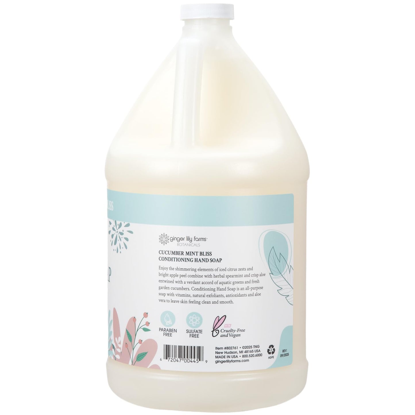 Ginger Lily Farms Botanicals Conditioning Liquid Hand Soap Refill, 100% Vegan & Cruelty-Free, Cucumber Mint Bliss Scent, 1 Gallon (Pack of 4)
