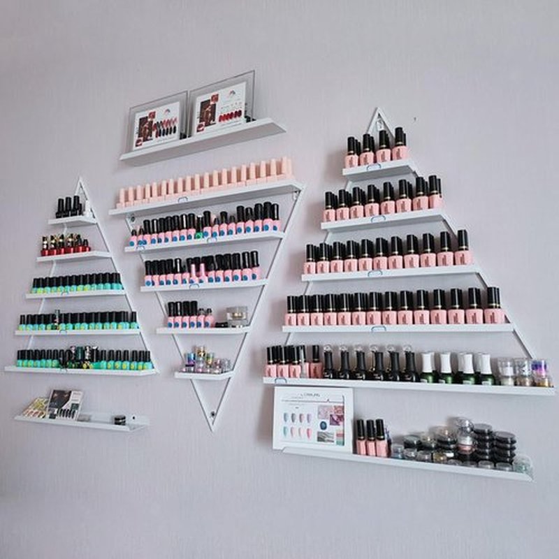 LEYSRIS Wall-Mounted Nail Polish Rack, Set of 6 Triangular White Nail Polish Shelf Lipstick Perfume Cosmetic Display Shelf for Home Spa Nail Salon Shop