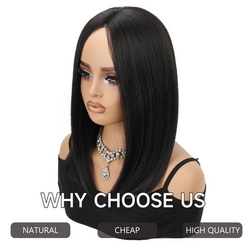 XC CLOUDS Black Bob Wigs Glueless Straight Wigs For Women Synthetic Heat Resistant Fiber Hair long bob wig Middle Part Natural Bob Wigs medium length wigs for women 16inch(Black)