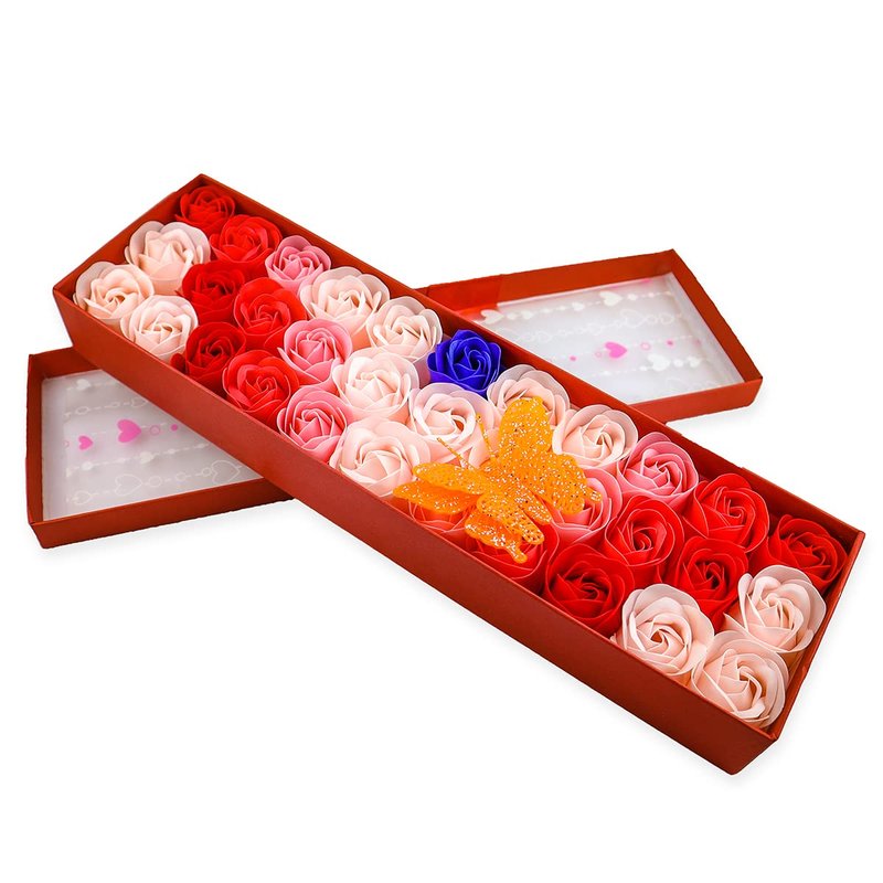 JIALEEY 33 PCS Floral Scented Bath Soap Rose Flower Petals, Plant Essential Oil Rose Soap Set Gifts Ideas for Her Women Girls Mom Valentine's Day, Red Gift Box