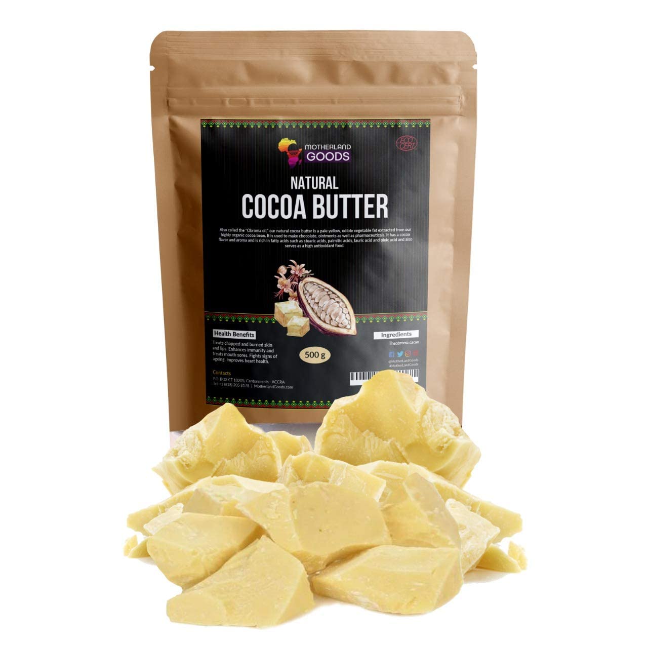 Motherland Goods Natural Cocoa Butter Chunks - Organic & Raw Unrefined Body Moisturizer for Sensitive Skin, Anti-Aging, Scars & Eczema Relief - Premium Raw Butter From Ghana (8 LBs)