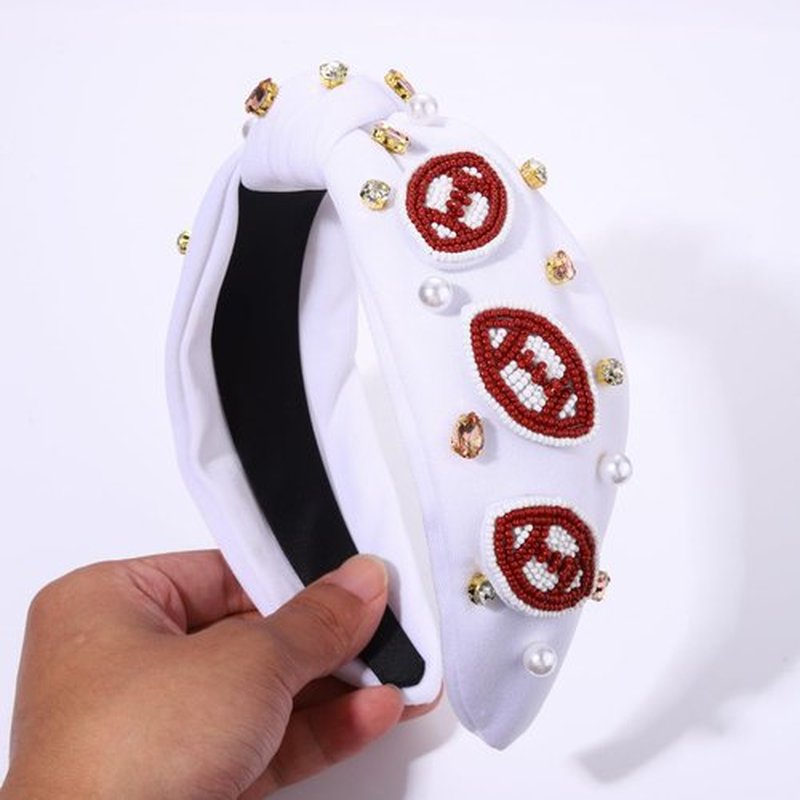 JERTOCLE Football Knotted Headbands for Women Game Day Sports Headband Pearl Crystal Bejeweled Wide Top Knot Hairband Game Day Hair Accessories (White Brown)