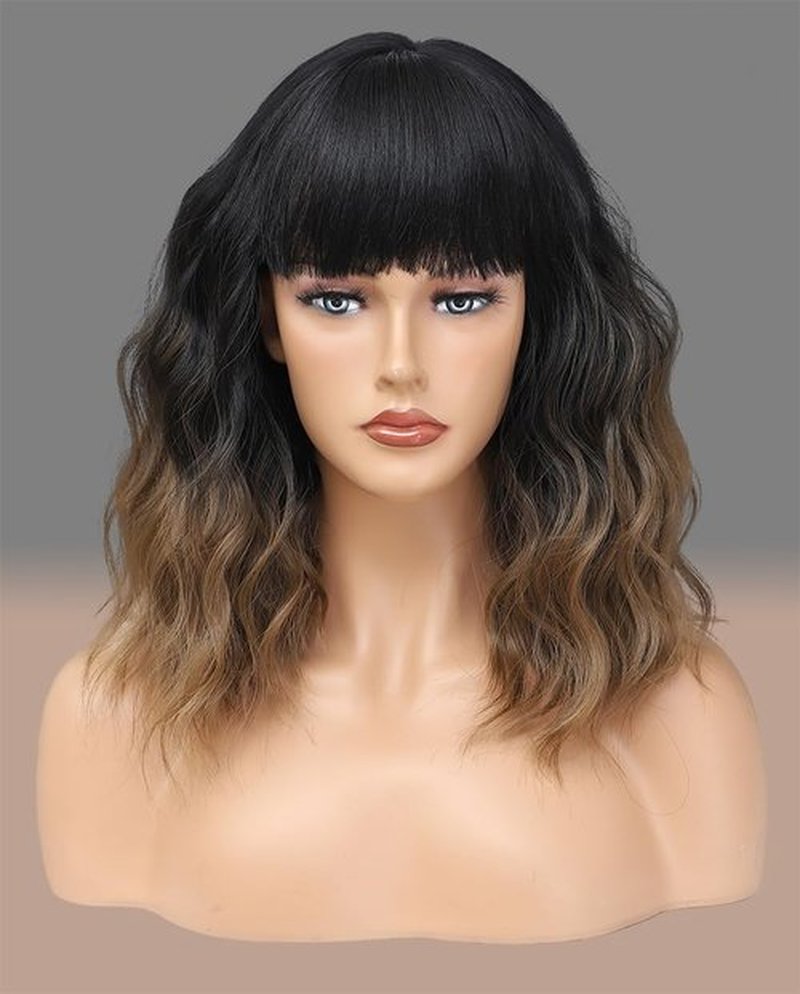 Short Brown Wigs with Bangs 14Inch Ombre Brown Curly Bob Wig for Women Shoulder Length Natural Looking Hair Replacement Wig for Daily Party Use Cosplay Costume Halloween Wig