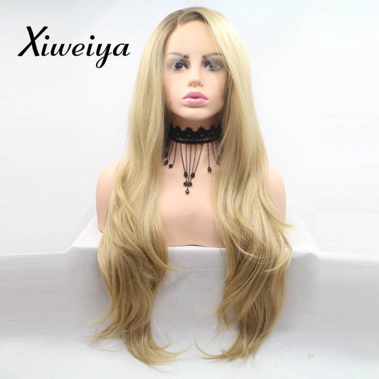 xiweiya Light Blonde Lace Front Wig with Brown Roots Long Body Wave Blonde Mixed color Side Part Glueless Natural Looking Lace Front Wigs Heat Resistant Hair for Women 24inch