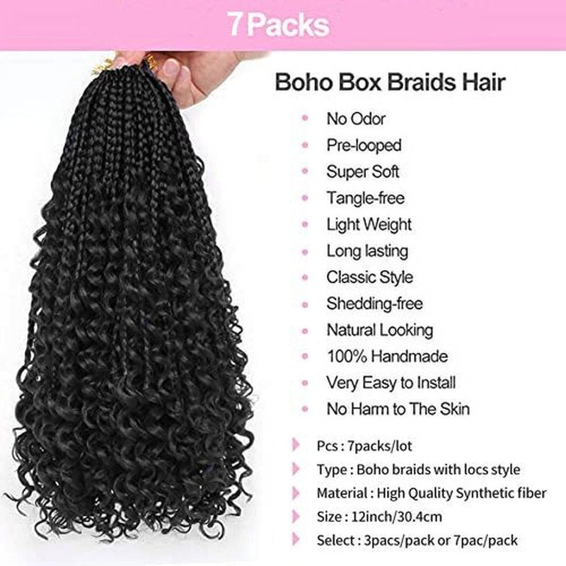 Boho Box Braids 12 Inch Crochet Hair Bohemian Crochet Box Braids with Curly Ends Goddess Box Braids Synthetic Crochet Hair for Black Women (#1B, Pack of 7))