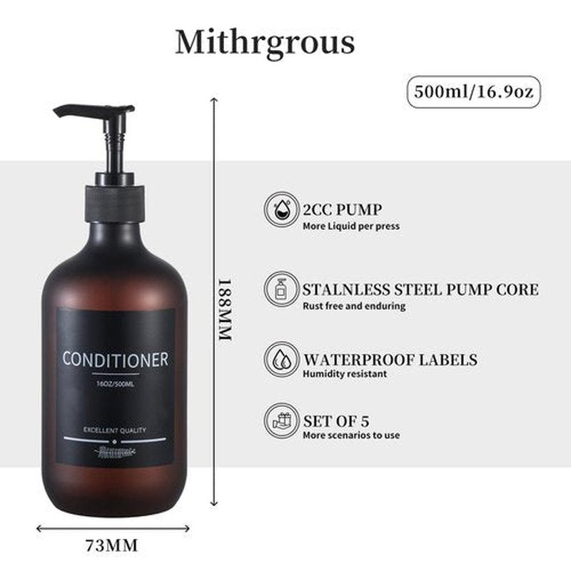 Refillable Matte Amber Plastic Shampoo and Conditioner Bottles (5 Pack, 16.9oz), with Pumps and Labels