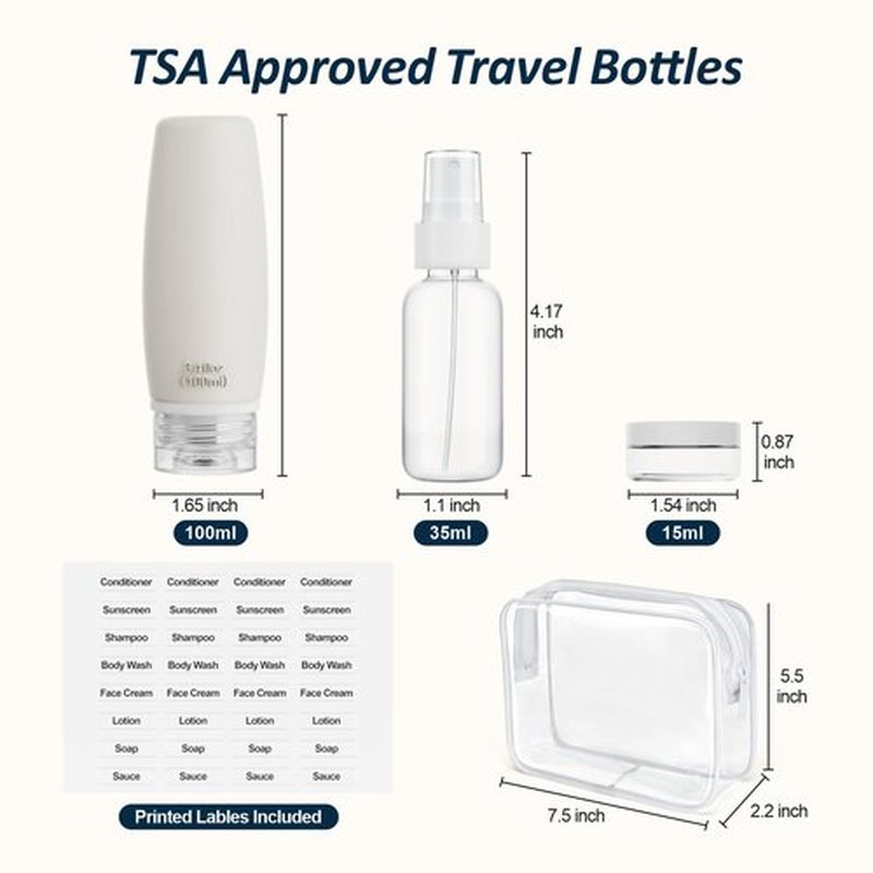PACKISM TSA Approved Toiletry Bag with Bottles - Travel Accessories 8 Pack Leakproof 3.4oz Silicone Travel Bottles for Toiletries, Shampoo Conditioner Lotion Body Wash BPA Free, Black