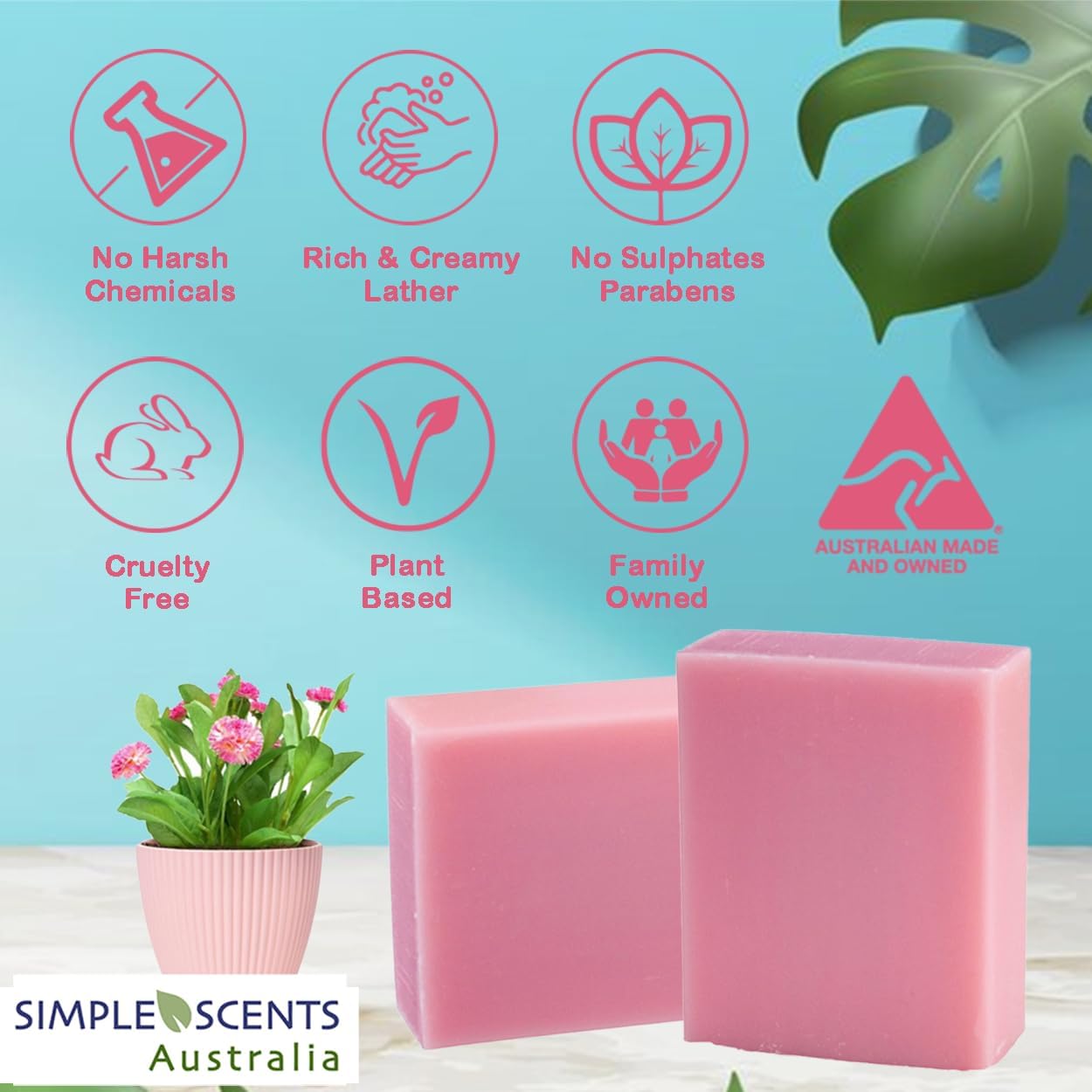 Simple Scents Australia Garden Rose Scented Natural Soap Bars (5 Bars), 3.5oz Moisturizing French Triple Milled Soap Bars Enriched with Shea Butter - Pure Plant Oil Bath & Body