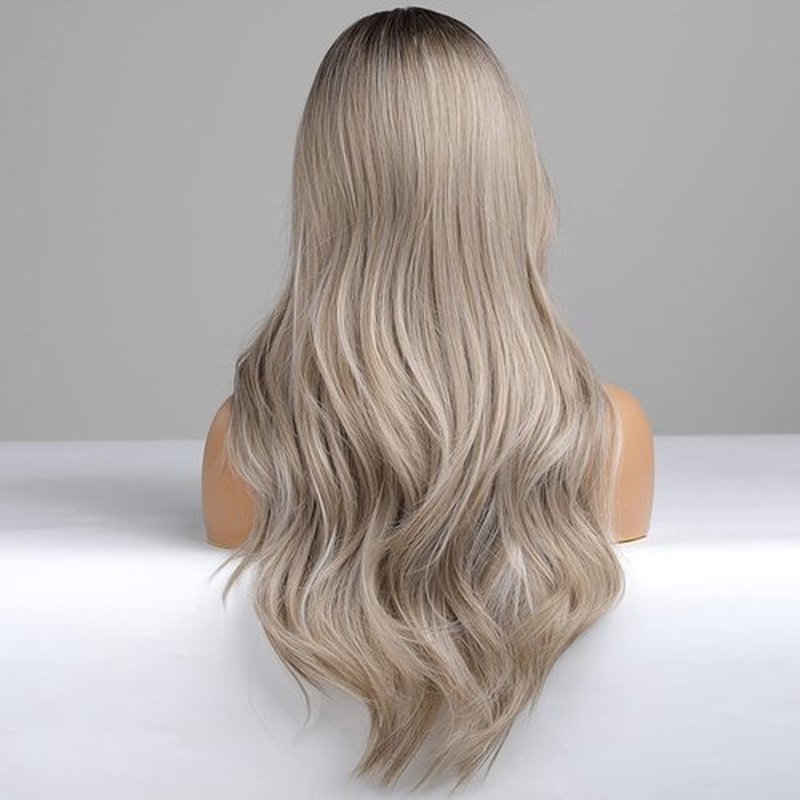 BERON Ombre Gray Wigs Long Wavy Women Wigs with Bangs Gray Blonde Curly Heat Resistant Synthetic Wigs for Daily Wigs Wig Cap Included