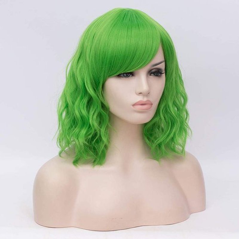 BUFASHION 14" Women Short Wavy Curly Wig Green Bob Wig Cosplay Halloween Synthetic Wigs with Side Bang Wig(Green)