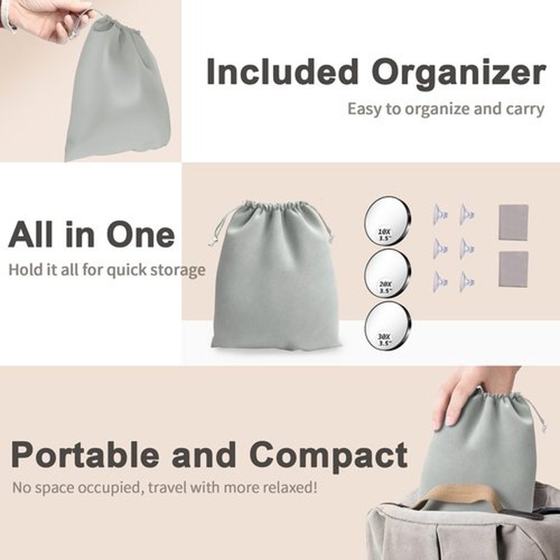 Magnifying Mirror, 10X & 20X & 30X Set, Magnified Mirror 3.5" with Two Suction Cups, Travel Magnifying Mirror Set Comes with Portable Storage Bag, Compact Small Magnifying Mirror for Travel(White)