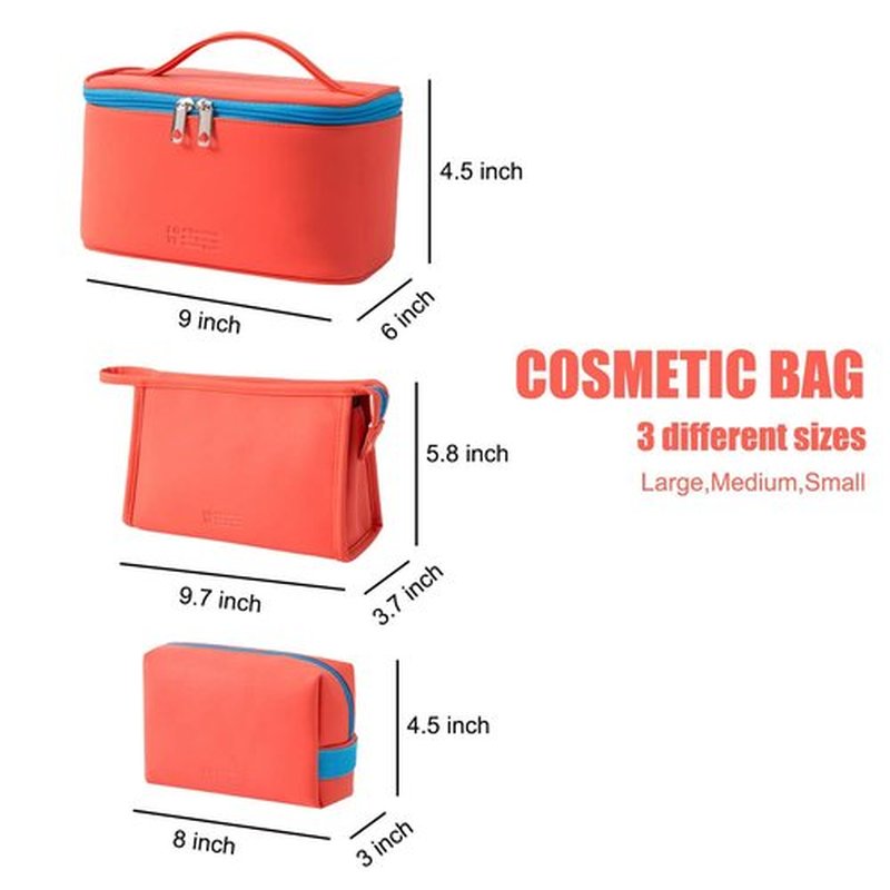 MIRASON Makeup Bag Travel Toiletry Bag for Women, Cute Make Up Bag Set of 3 for Purse Pouch Makeup Organizer Bag PU Leather Washable Waterproof Cosmetic Bag (Orange)