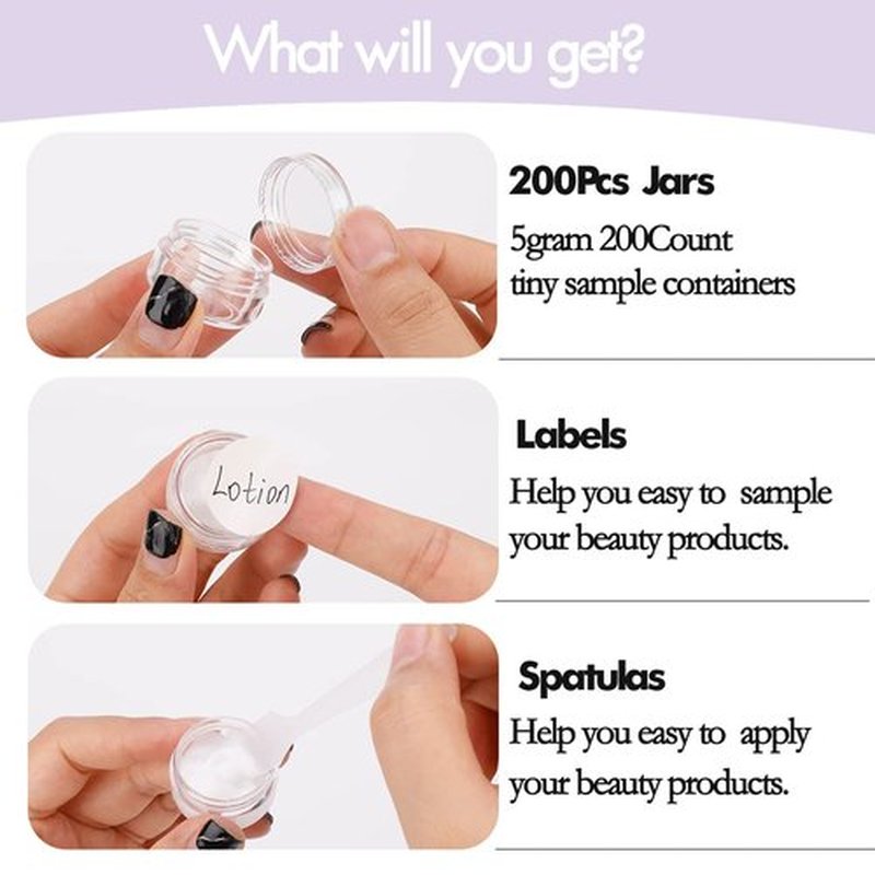5 Gram Sample Containers with Lids, 200 Count 5ML Clear Sample Jars, Empty Lip Balm Containers with Lids, Small Makeup Travel Containers for Glitter, Lotion, Cream, Beads, with Labels, Mini Spatulas