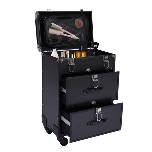 Rolling Makeup Case,Large Cosmetic Trolley with Locks, Professional Rolling Makeup Trolley with with dividers,Large Storage Cosmetic Trolley for Make-Up Artists Hairdressers Nail Technicians (Black)