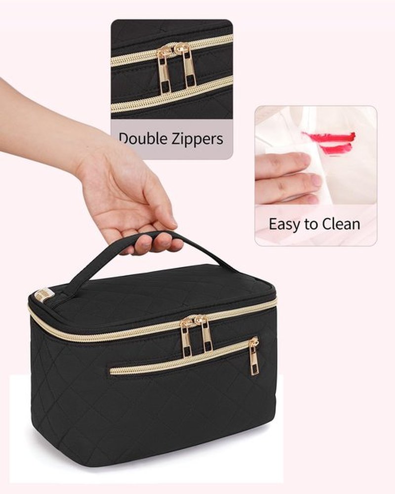 Wandering Nature Makeup Bag, Travel Make Up Organizer Cosmetic Brush Bags Case for Women in Quilted Fabric, Black(Patent Pending)