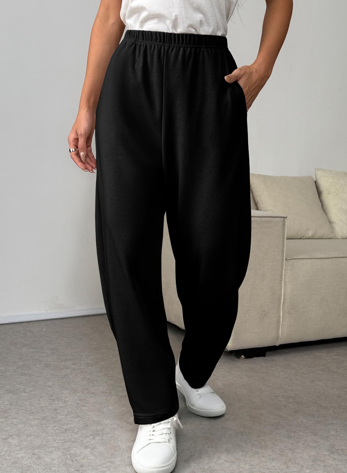 EVALESS Wide Leg Sweatpants Women Fall Clothes Casual Elastic High Waisted Baggy Pants Cropped Length Ballon Joggers with Pockets Black X-Large