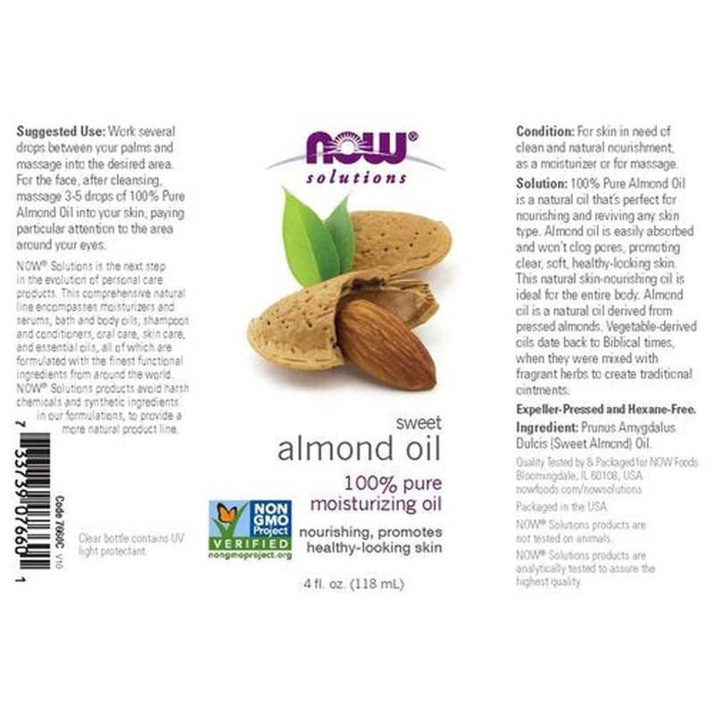 NOW Foods Solutions, Sweet Almond Oil, 100% Pure Moisturizing Oil, Promotes Healthy-Looking Skin, Unscented , 4-Ounce