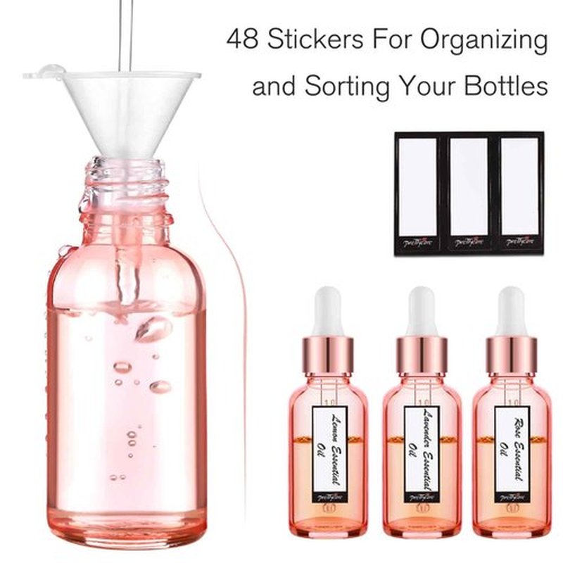 24 Pack 2 Oz Glass Eye Dropper Bottles Rose, 60 ml Empty Tincture Dropper Bottle with Scale droppers, 1 Extra Cap, 2 Plastic Funnels, 2 Pipettes & 48 stickers for Essential Oils, Body Oil