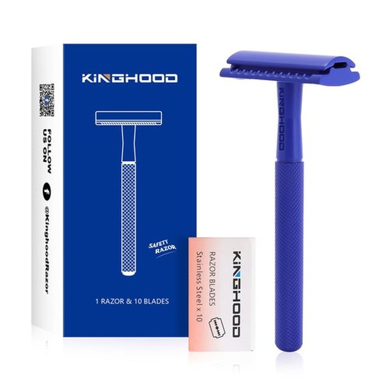 KINGHOOD Brass Single Blade Razor Safety Razor Metal Double Edge Razor One Blade Razor with 10 Blades Long Handle Weighted Eco-Friendly Reusable Razor