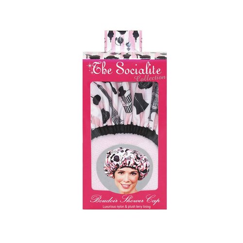Reusable Nylon Shower Cap & Bath Cap, Reversible Oversized Waterproof Shower Caps Large Designed for all Hair Lengths w Terry Lining & Elastic Band Stretch Hem Hair Hat - Socialite Boudoir