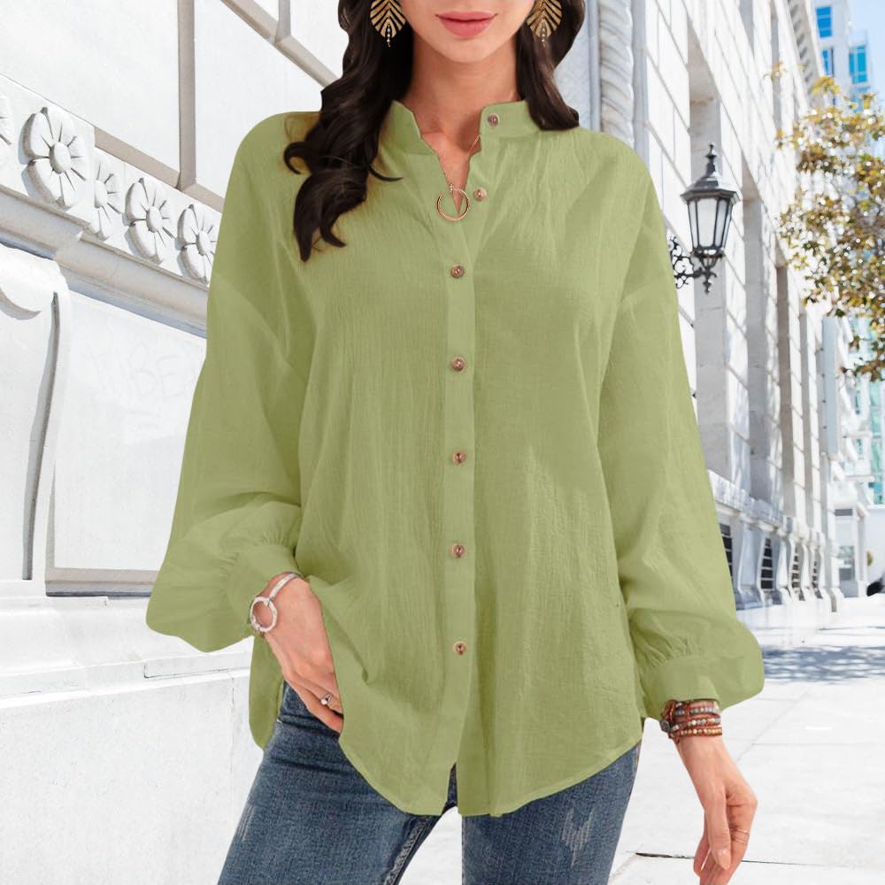 Women's Cotton Blend Henly Shirt V Neck Shirt Casual Work Lounge Blouse Tops Button Down Shirts Plain Solid Green