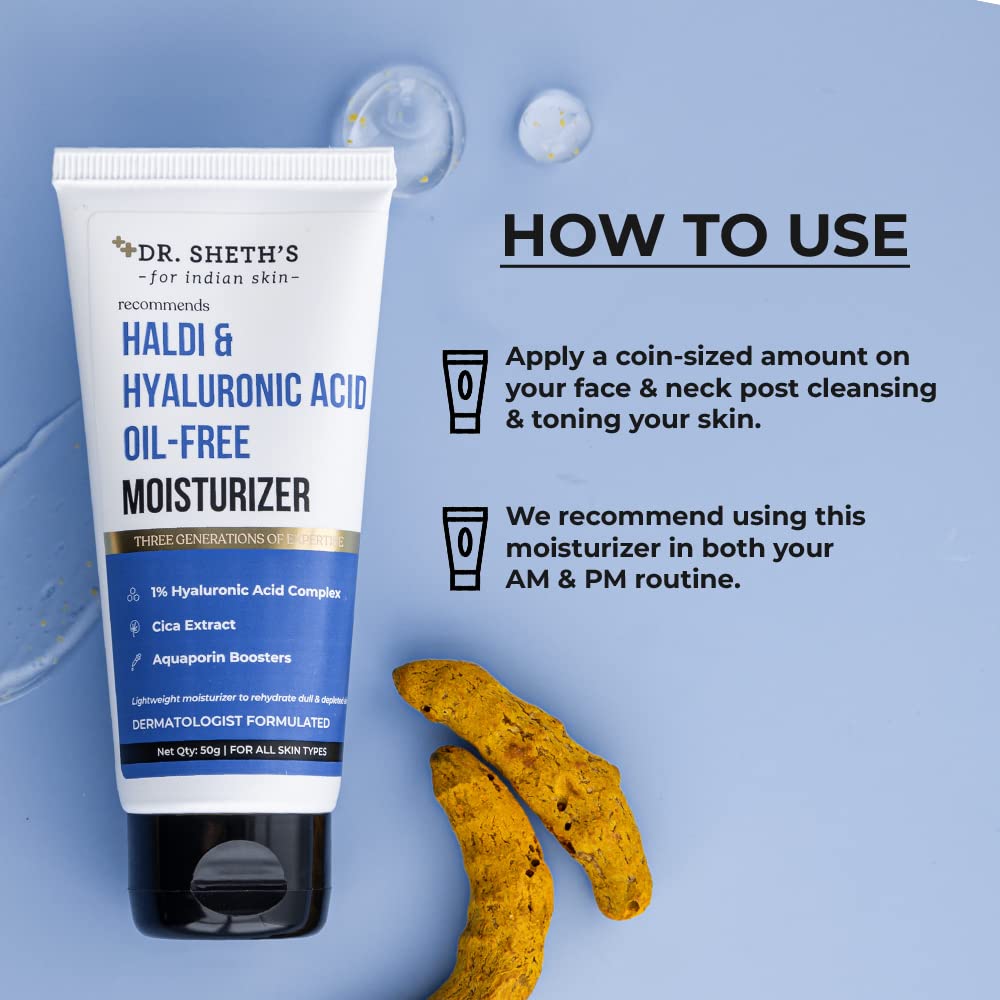 Dr. Sheth's Haldi & Hyaluronic Acid Oil-Free Moisturizer Lightweight Moisturiser Rehydrates Dull Skin With 1% Hyaluronic Acid, Cica Extract & Aquaporin Boosters For Women & Men 50G