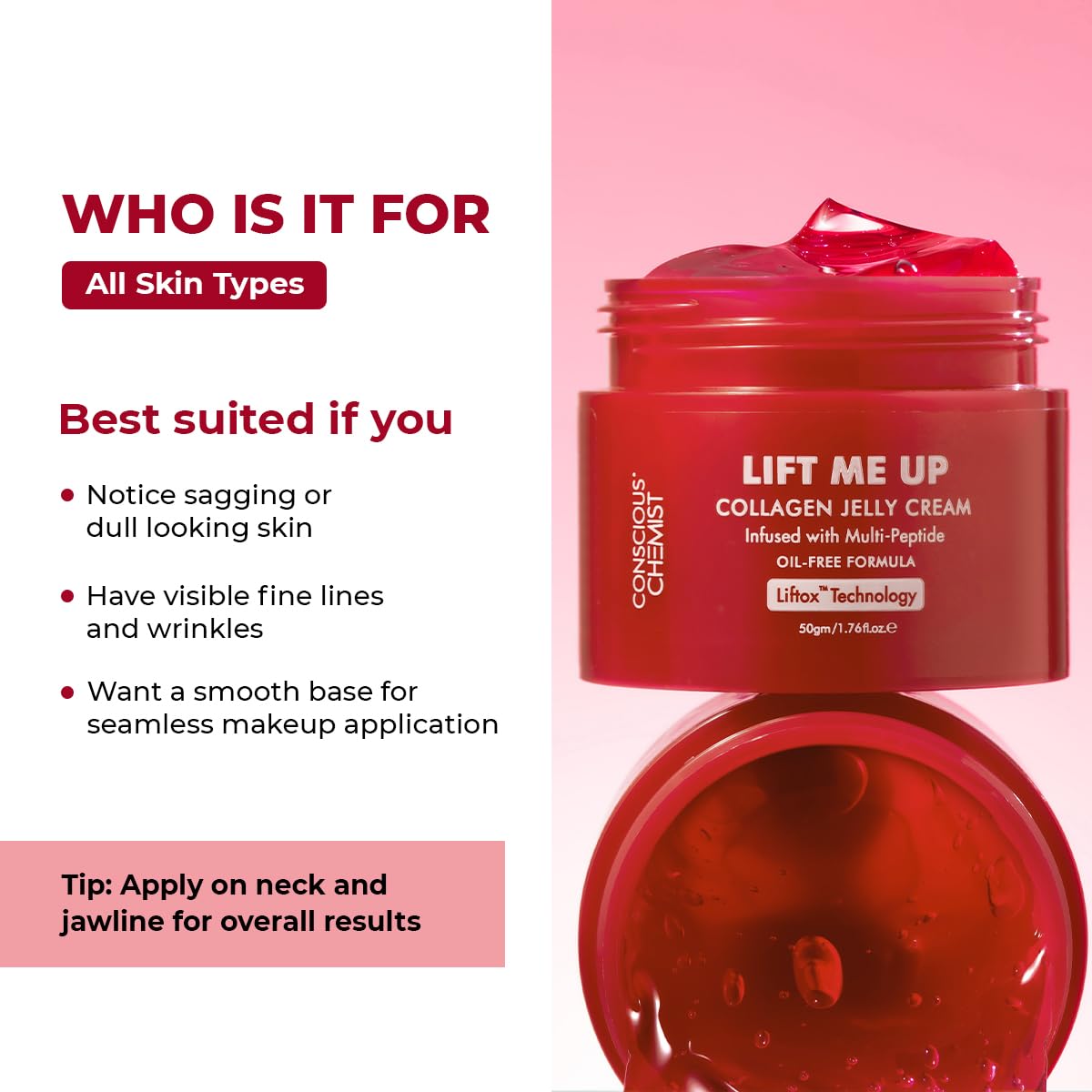 Conscious Chemist Collagen Jelly Face Cream Niacinamide & Hydrolyzed Collagen Powered by 6 peptides & Liftox technology Sagging, Fine lines & Dullness Anti-Aging Moisturizer 50 ml (Pack of 1) Red