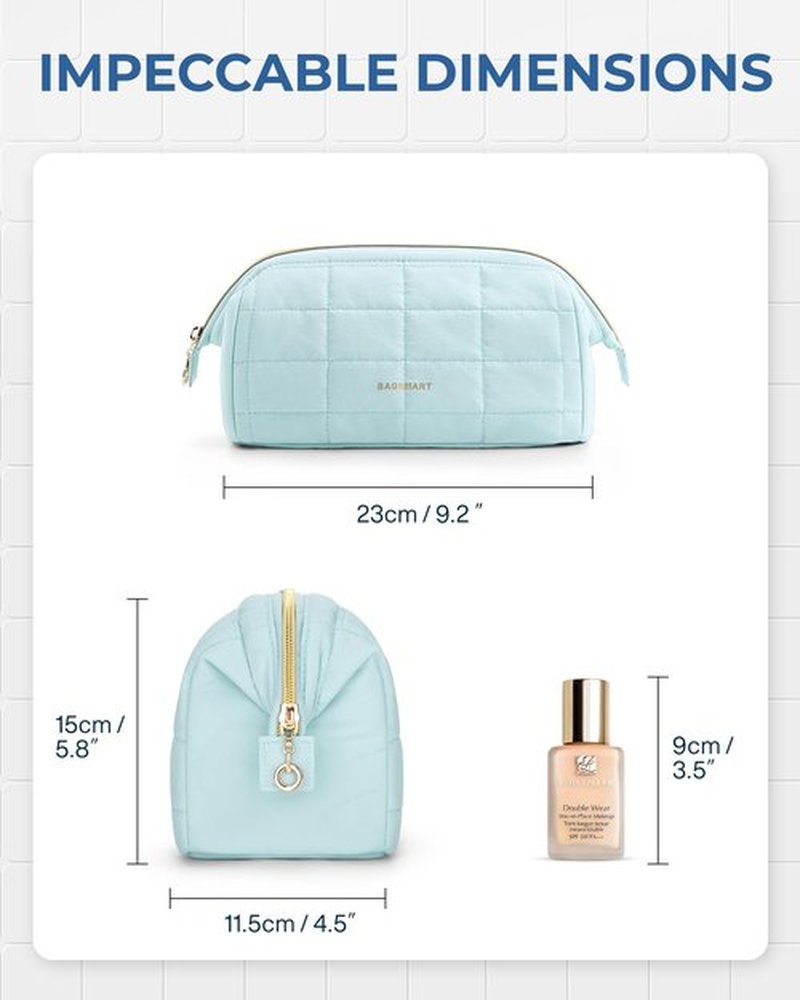 BAGSMART Makeup Bag Travel Toiletry Bag, Puffy Padded Make Up Bags for Women Makeup Organizer Case, Wide-open Pouch Purse Travel Essentials Toiletries Accessories Brushes, Light Blue