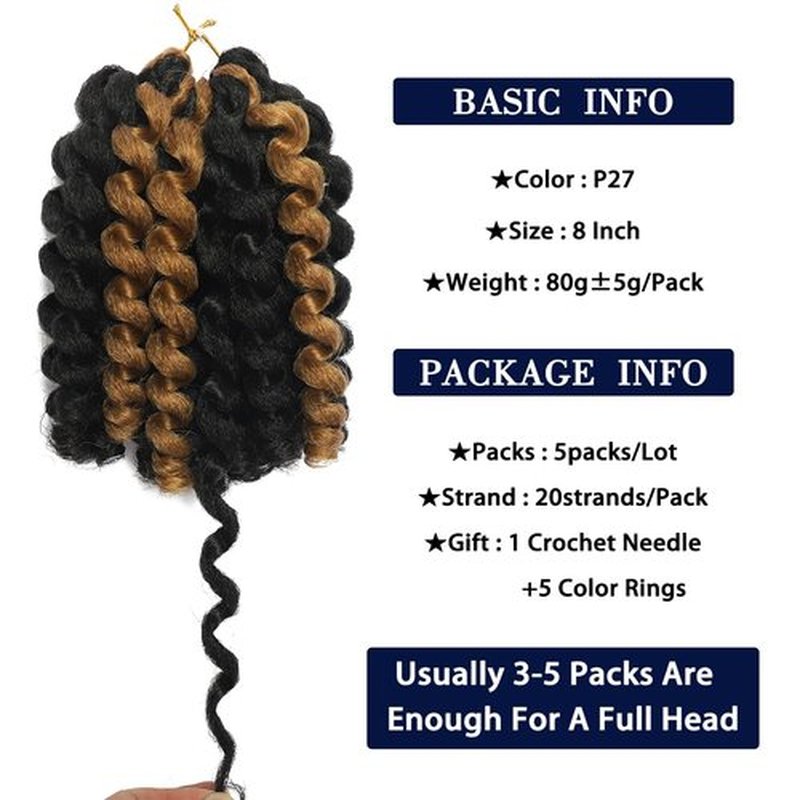Wand Curl Crochet Braids Hair 8 Inch Jamaican Wand Curl Ombre Crochet Hair Jamaican Bounce Crochet Hair Colored Crochet Braids Ringlet Twist Hair Extension Crochet Hair(5PCS,1BP27)
