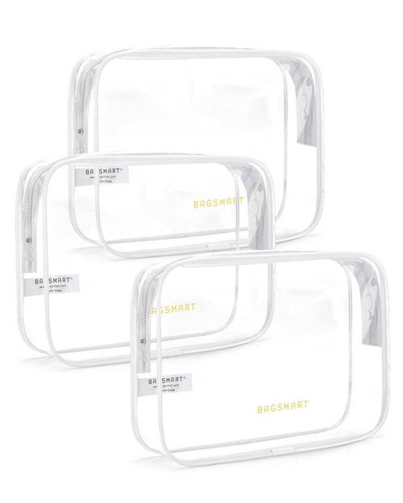 BAGSMART Clear Toiletry Bag, 3 Pack TSA Approved Travel Toiletry bag Carry on Travel Accessories Bag Airport Airline Quart Size Bags Water Repellent Makeup Cosmetic Bag for Women (White-3pcs)