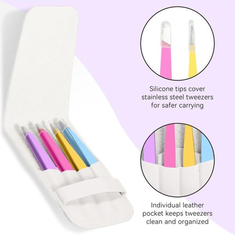 FACEMADE 4 Pack Tweezers Set - Professional Stainless Steel Tweezers for Men and Women, Precision Eyebrow Tweezers for Facial Hair, Chin, and Ingrown Hair Removal (Purple, Rose Red, Yellow & Blue)