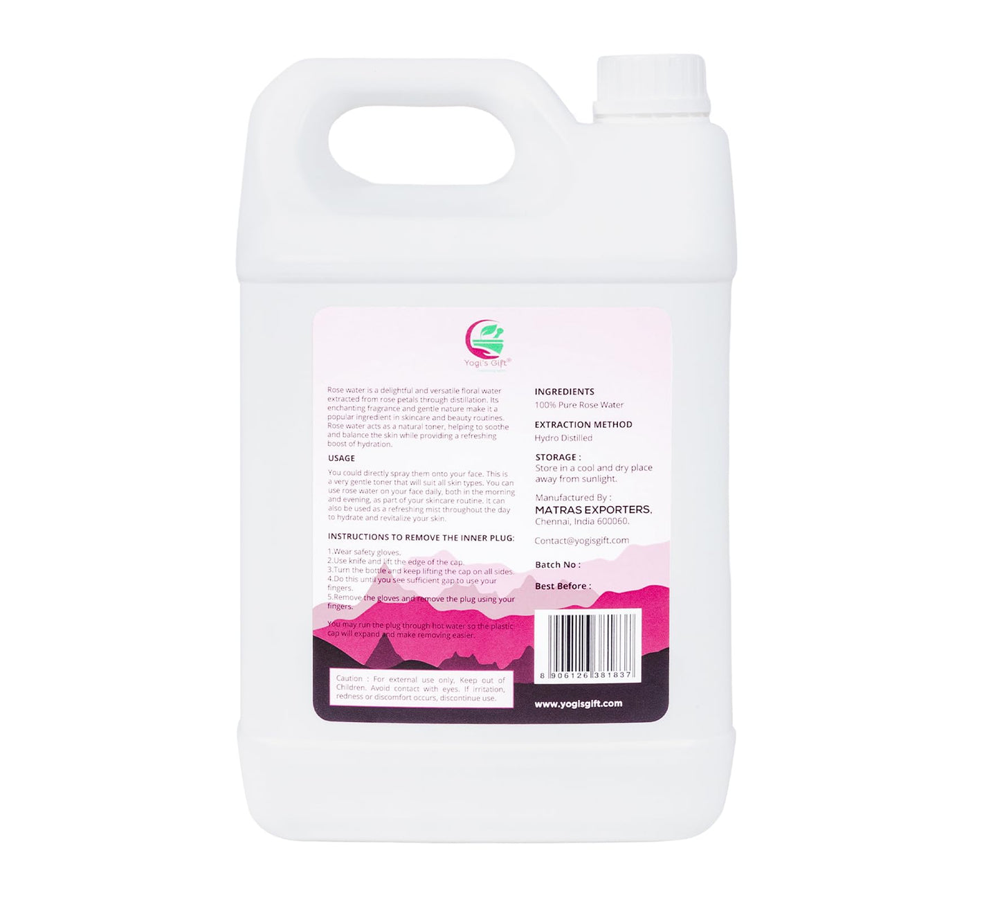 100% Pure Rose Water 1 Gallon (128 fl oz) | for Face & Hair | Alcohol Free & Artificial Coloring Free | by Yogi's Gift®