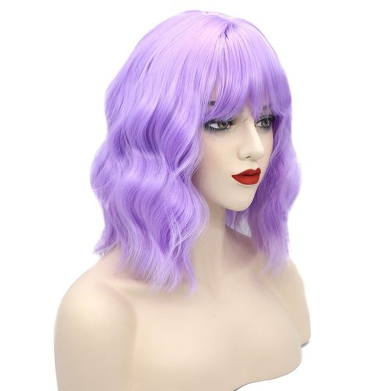Amyqueen Short Purple Curly Wavy Bob Wigs for Women 12 Inch Shoulder Length Bob Wig with Bangs Synthetic Heat Resistant Fiber Wigs for Daily Party Cosplay Use (Purple)