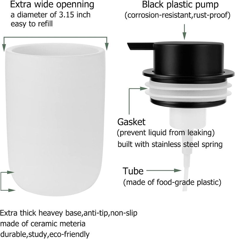 Foaming Soap Dispenser - Thick Ceramic Liquid Pump Bottle Set | 2 Pack White for Bathroom & Kitchen