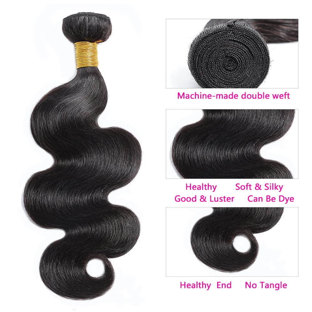 Selina Brazilian Body Wave Hair 3 Bundles With Free Part Closure Brazilian Virgin Human Hair 12A 100% Unprocessed Brazilian Hair Lace Closure Natural Black (10"12"14" with 8" Closure, Body 3+1)