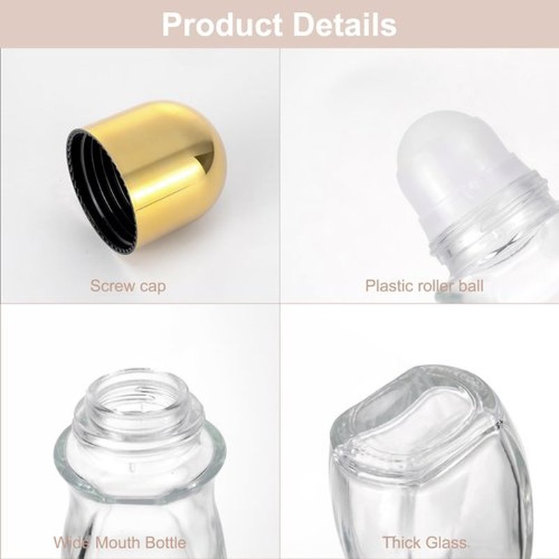 Kesell 2Pcs 50 ml Clear Roll On Bottles Roller Ball Deodorant Container with 1pcs Opener Empty Glass Roller Bottles Refillable Deodorant Container with Essential Oil Rollerball (Gold Cap)