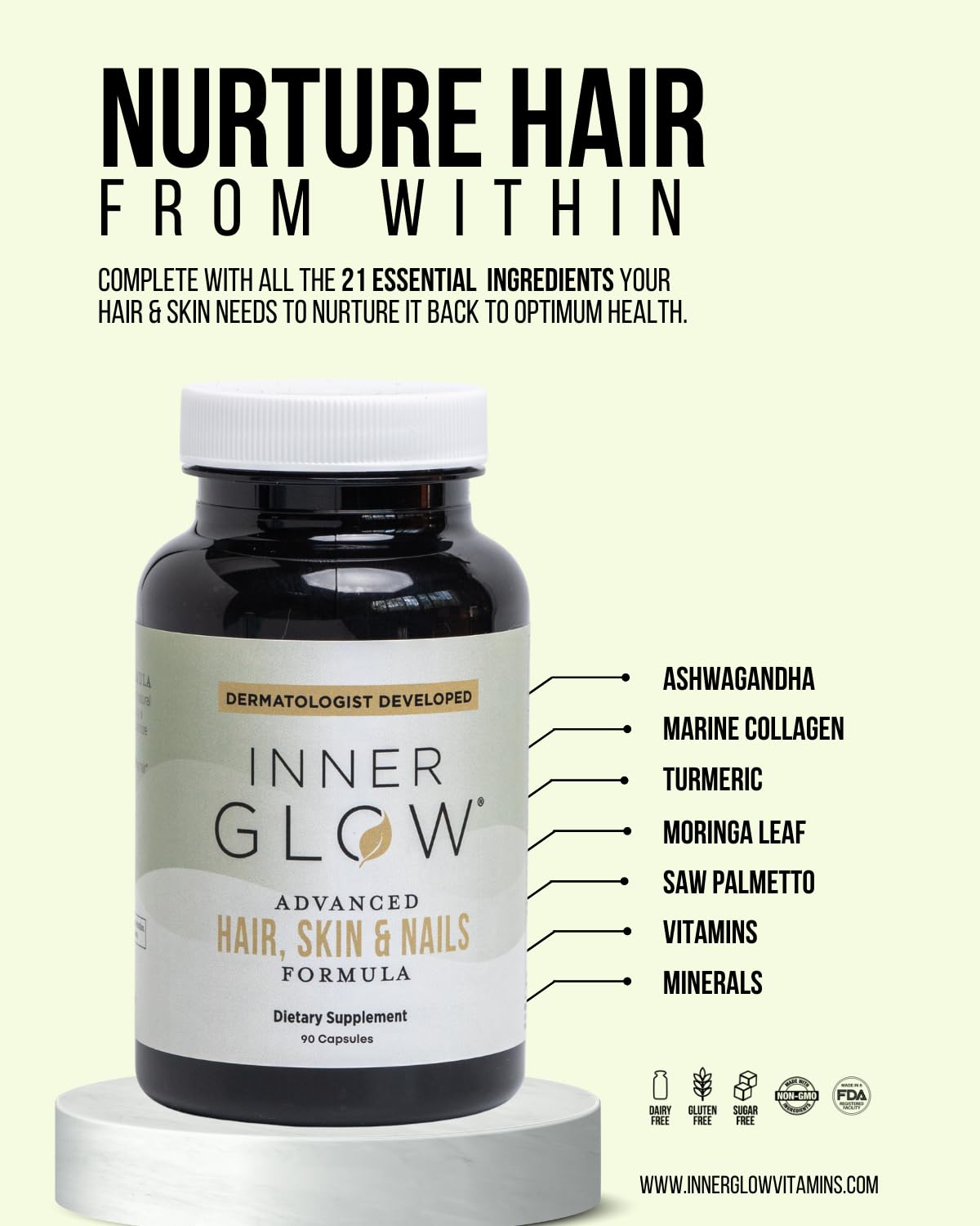 Inner Glow Advanced Hair, Skin & Nails Vitamins – Doctor-Developed Hair Supplement with Biotin, Collagen Peptides, Vitamin D & B12 – Clinically Tested 12-Week Results, Made in USA, Non-GMO