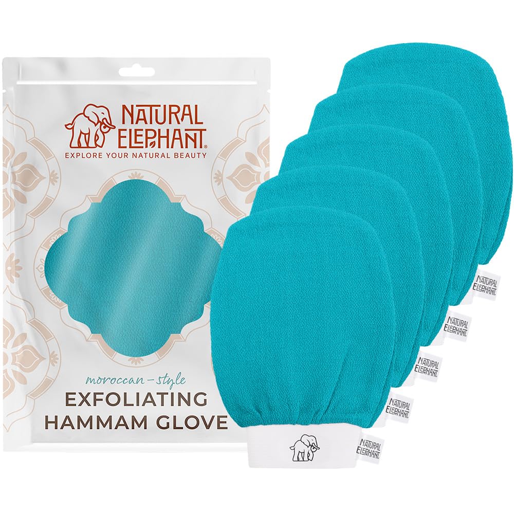 Natural Elephant Exfoliating Hammam Glove | Authentic Moroccan Kessa Body Scrub Mitt for Spa-Quality Skin Renewal | Teal Waves 5 Pack