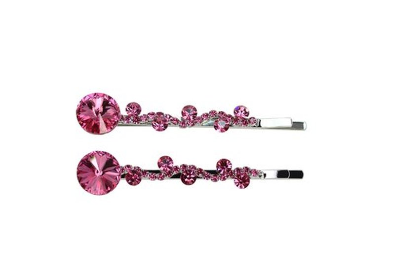 Faship A Pair Of Pink Premium Rhinestone Crystal Floral Hair Clips 2 Pcs Pins - Pink