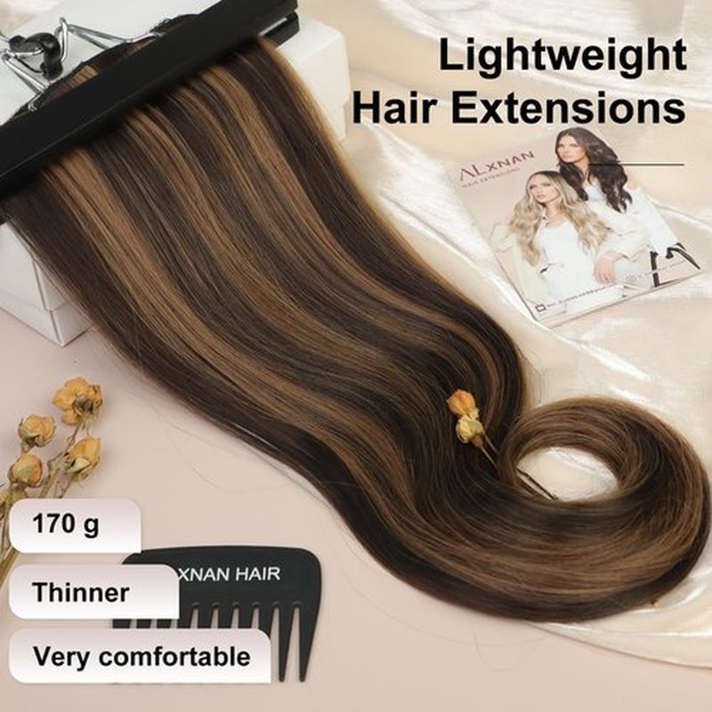 ALXNAN Clip in Hair Extensions, Hair Extensions Thick Long Stright Layered Hair Extensions Medium Brown Mix Caramel Brown 20 Inch Soft Lace Weft Hair Extensions for Women