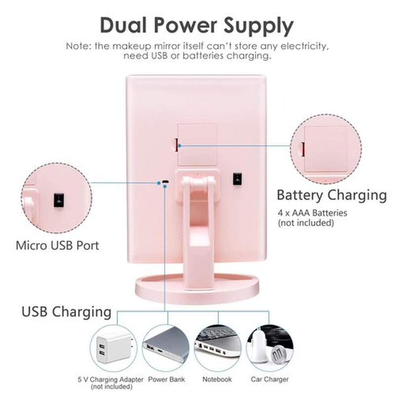 WEILY Makeup Mirror with 21 LED Lights,Two Power Supply Modes, Adjustable Touch Screen and 1x/2x/3x Magnification Tri-Fold Vanity Mirror, Chargeable Travel Cosmetic Mirror for Desktop (Pink)