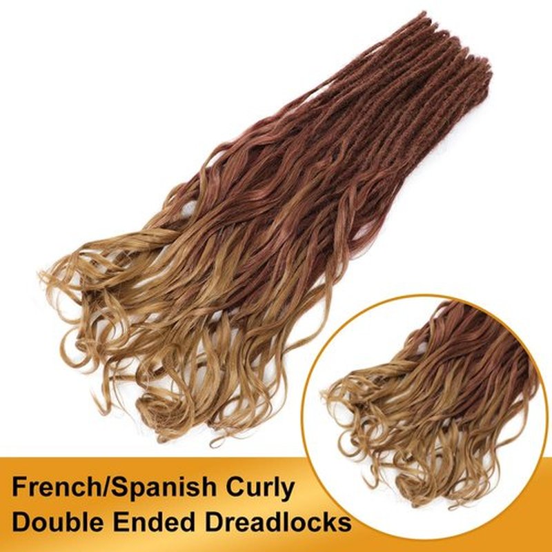 Aguacor Loose Wave Dreadlocks Synthetic French Curly Double Ended Dreadlock Extensions 24inches 10 Strands Thin Soft Red Brown to Brown Spanish Curly DE Dreadlock Extension for Women (10 Strands, R27)