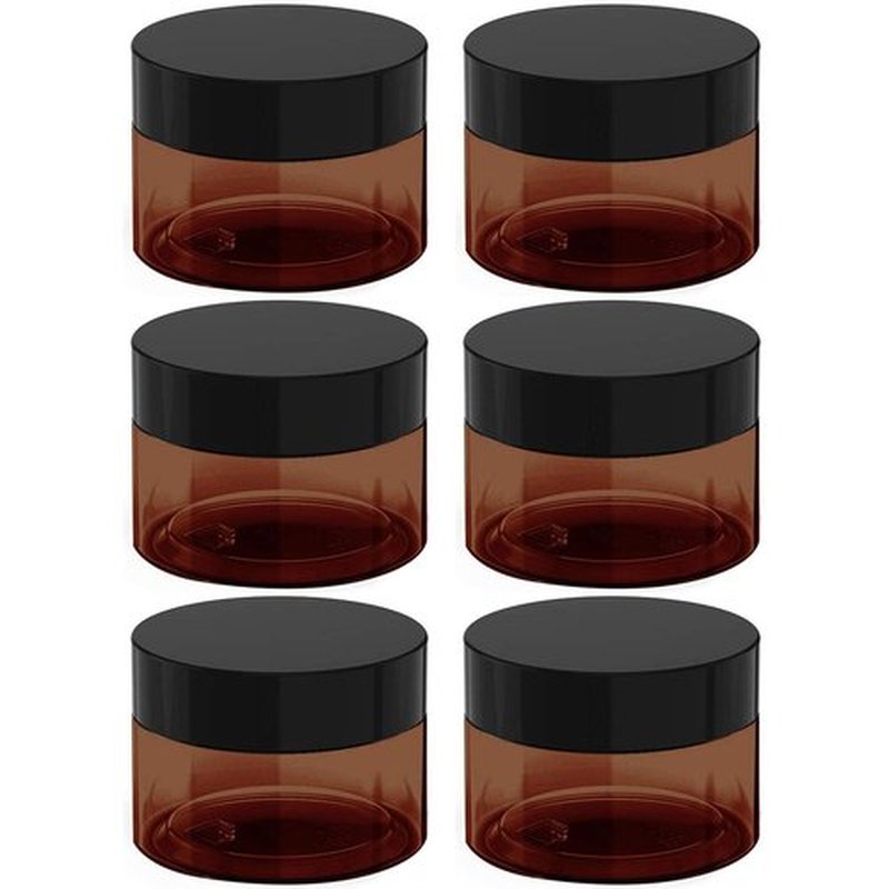 4 oz Amber Plastic Cosmetic Jars Leak Proof Container with Black Lid for Cream, Lotion, Powder, ointment, Beauty Products etc, 6 Pcs.