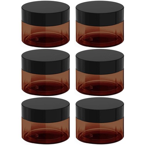 4 oz Amber Plastic Cosmetic Jars Leak Proof Container with Black Lid for Cream, Lotion, Powder, ointment, Beauty Products etc, 6 Pcs.