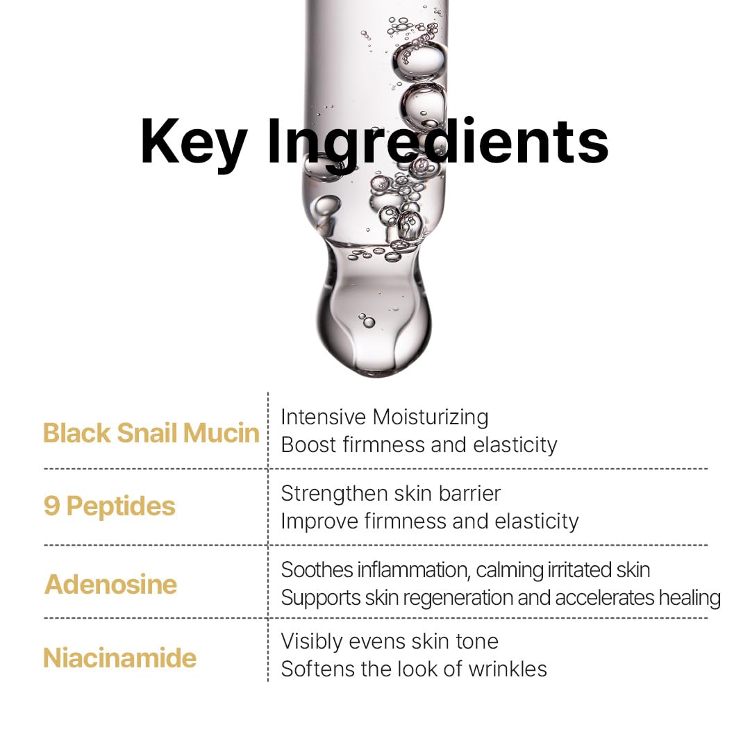Farmstay Black Snail & Peptide9 Perfect Ampoule, Korean Snail Mucin Serum for Elastic & Glow Skin, Boosting Radiance & Repairing Skin Barrier Serum, for Women & Men, Korean Skin Care, 1.18 Fl. Oz.