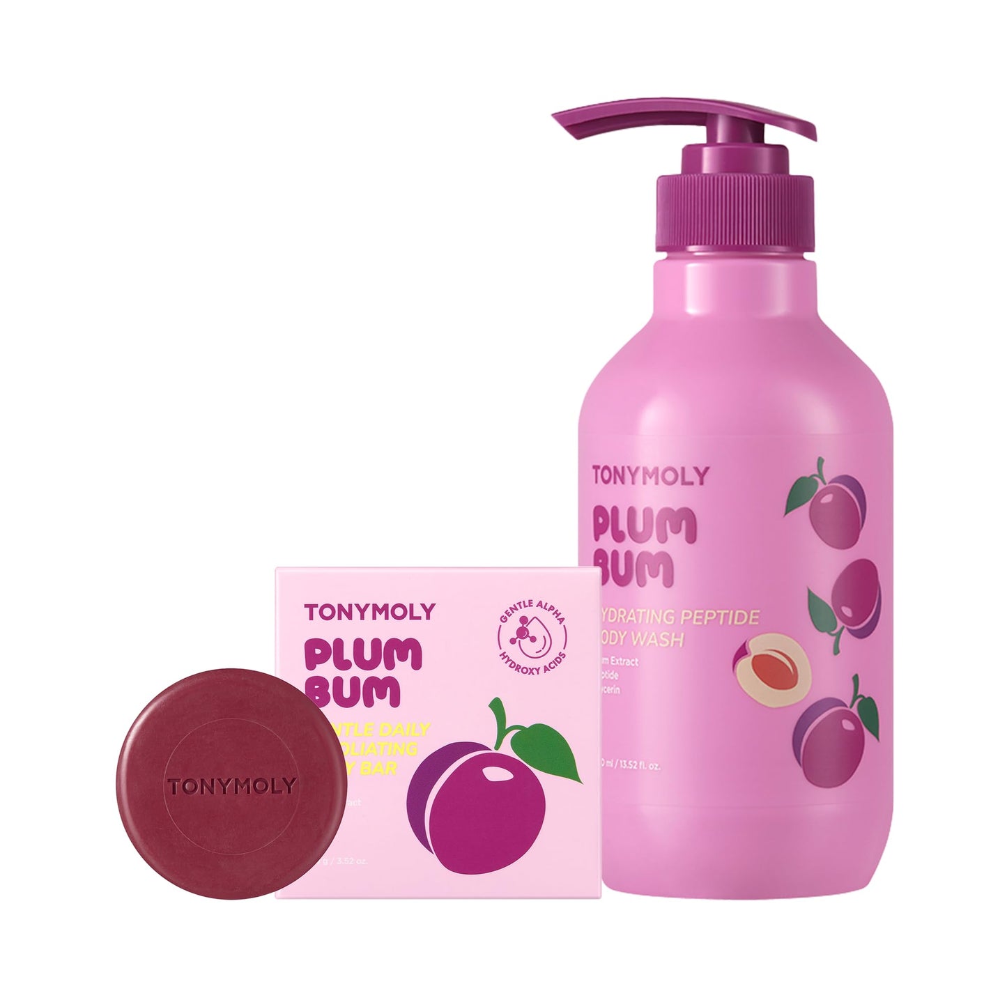 TONYMOLY Plum Bum Body Care Set - 13.5 fl oz Peptide Hydrating Body Wash & AHA Exfoliating Body Bar with Plum Extract for Soft, Smooth Skin
