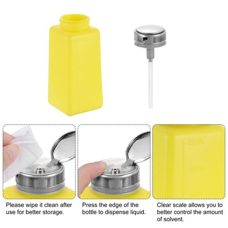 HARFINGTON 2pcs Solvent Alcohol Dispenser 250ml(8.8oz) Nail Polish Remover Push Down Liquid Dispenser Pump Bottle with Stainless Steel Press Head for Acetone Cleanser Polish Remover, Yellow